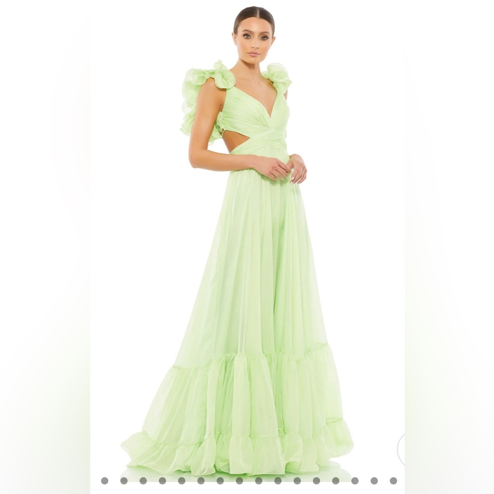 RUFFLE TIERED CUT-OUT CHIFFON GOWN IN THE COLOR MINT!
